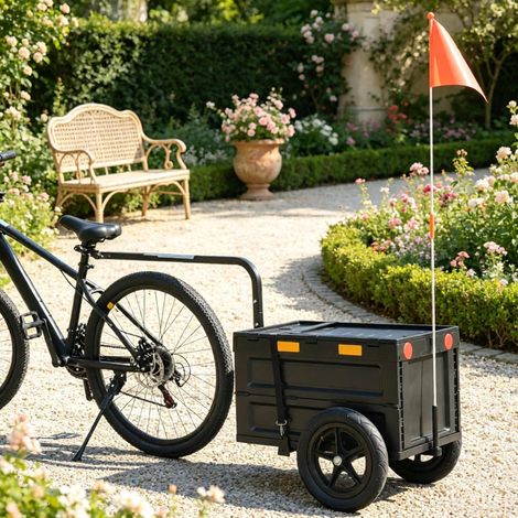 Remorque vélo cargo 145x51,5x72 cm en acier et PP noire, pliable, gain de place – MEUBLIV (1/5)