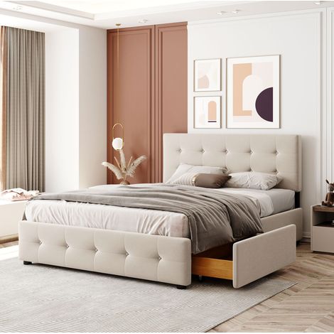 Bett Doppelbett Schubladen Stauraum 4 Rollen Beige HAVRYA (1/5)