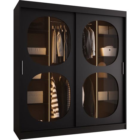 Armario Hartford 529, Negro, 200x180x62cm, Puertas de armario: Correderas, Número de estantes: 0, LED