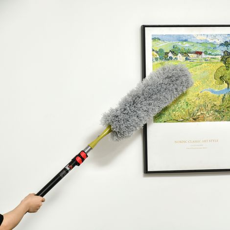 Kit de nettoyage ménager avec rallonge. Plumeau à toiles d'araignée. Plumeau en microfibre et plumeau pour ventilateur de plafond. Jaune et gris.