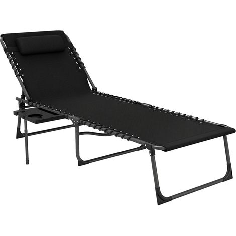 Bain de soleil pliante dossier réglable sur 5 niveaux, plateau, appuie-tête, poche latérale 60 x 190 x 31 cm, noir (1/5)