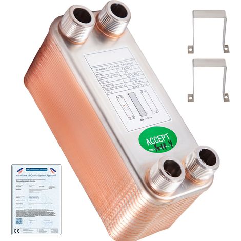 Échangeur thermique à plaques brasées 30 plaques, ports 3/4' MNPT, acier inoxydable 316L, pour chauffage hydronique et refroidissement.