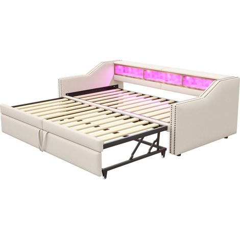 Divano letto estraibile capitonné 90/180 x 200 cm beige con contenitori LED e USB (1/5)