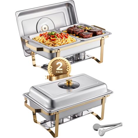 8 Qt 2 Pack réchaud Buffet ensemble chafer en acier inoxydable avec 2 casseroles pleine taille rectangulaire serveur chauffant de restauration (1/5)