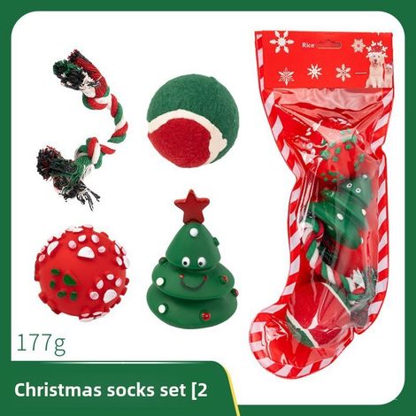 Weihnachtsgeschenkset für Haustiere, bissfestes Spielzeug (2 Sets [Weihnachtsbaum + Pfotenabdruckball + Tennisball + Seil])