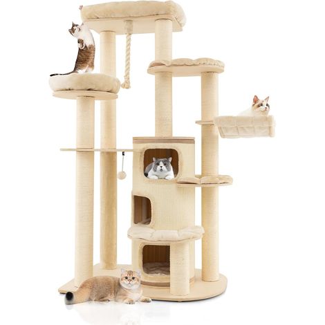 Costway – Arbre à chat 3 niveaux 173 cm – Panneaux en bois massif – Griffoirs en sisal – Boule à ressort et corde suspendue – Charge 20 kg par niveau (1/5)