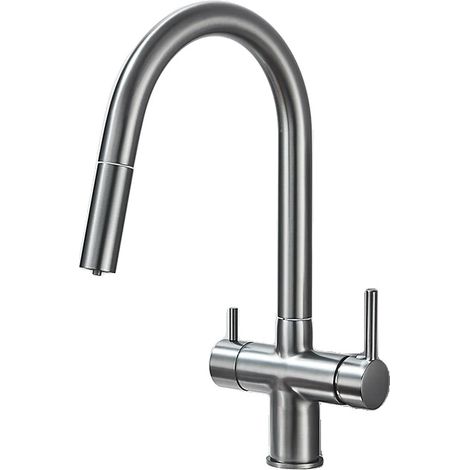 Rubinetto da cucina a doppia maniglia, girevole a 360 gradi, colore grigio canna di fucile. (1/2)