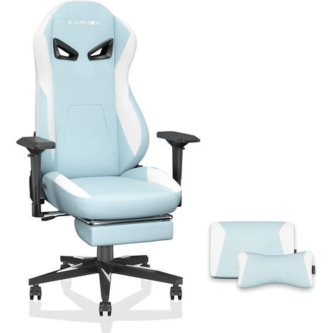 Silla gaming ergonómica de tela con reposapiés, respaldo alto y apoyo lumbar, azul claro (1/5)