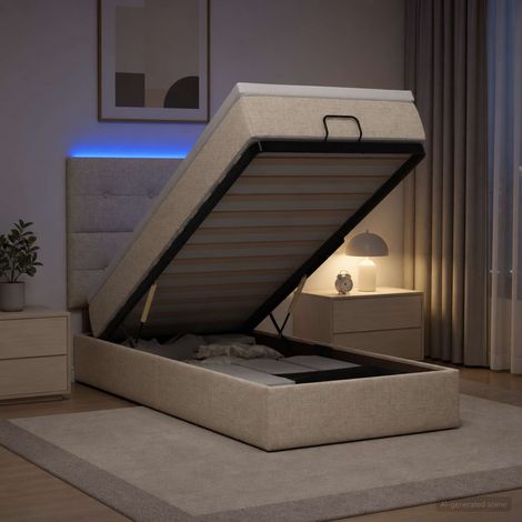 Cama tipo otomana con colchón y LED Crema 100 x 200 cm Tela (1/5)