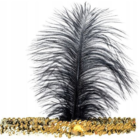 Diadema con pluma, estilo años 20, color dorado, 1 unidad. (1/2)