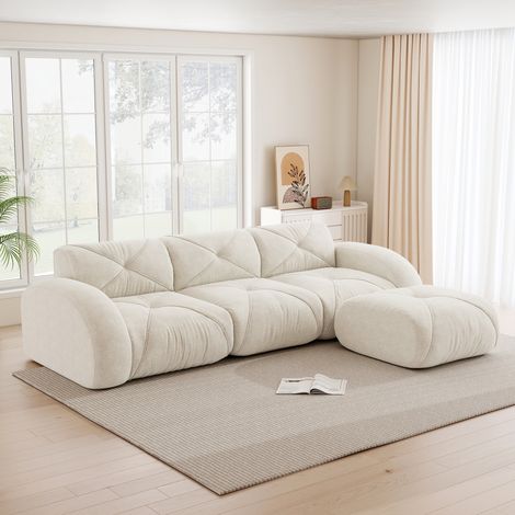 Canapé Modulaire Blanc 3 Places avec Pouf - Base Anti-Dérapante, Sans Montage - Confort Moderne pour Salon - Scandinave Chenille