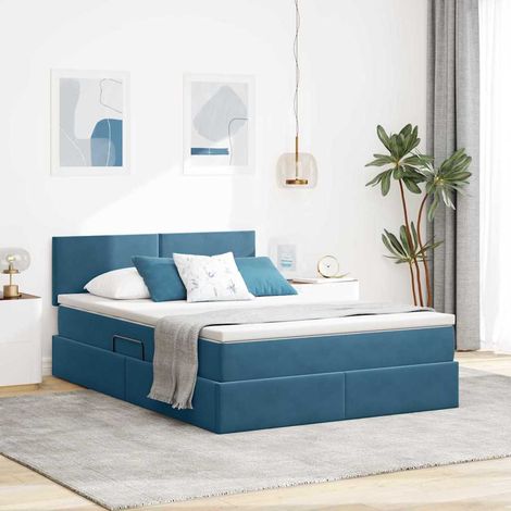Cama de almacenamiento LED con colchón Azul Oscuro 140 x 200 cm