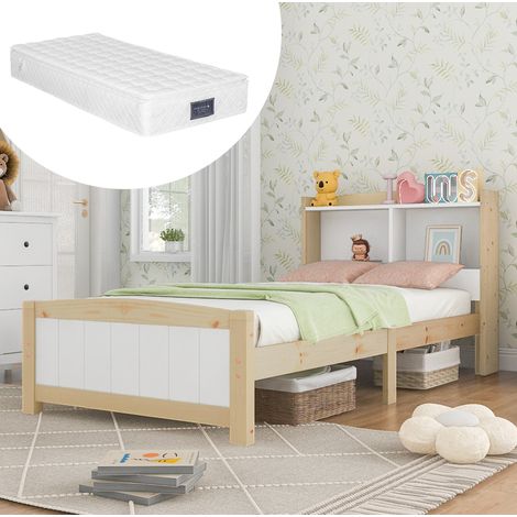 Lit simple 90x200 tête de lit rangement bois blanc HAVRYA (1/5)