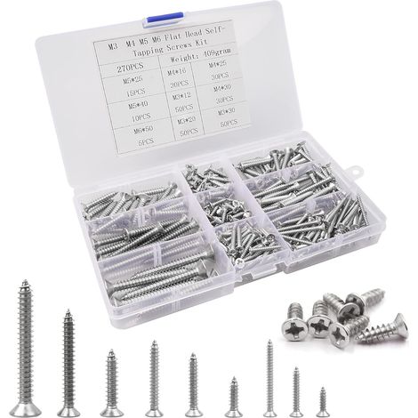(270 pièces) Vis autotaraudeuses en acier inoxydable M3-M4-M5-M6 - Vis à bois à tête fraisée Phillips (1/5)