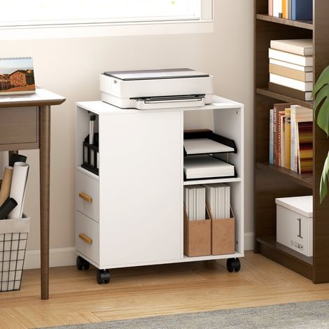 Meuble imprimante 60x30x65 cm blanc avec roulettes, 2 tiroirs, structure en bois MEUBLIV (1/5)