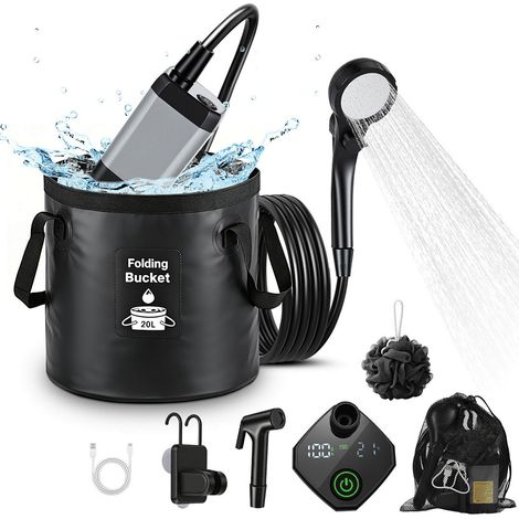 TolleTour Doccia da campeggio portatile con secchio pieghevole da 20L, indicatore di temperatura, kit esterno con doccetta per giardino, lavaggio auto, spiaggia