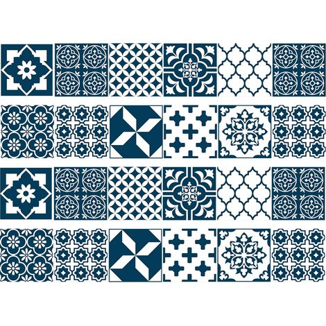 Lot de 24 carreaux adhesifs pvc bleu et blanc stickers muraux decoratifs cuisine salle de bain 10x10cm (1/5)