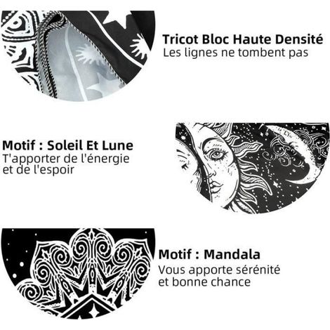 Tapisserie Mandala Soleil et Lune Noir Blanc avec Accessoires, Constellation Mystique Tapisserie murale Décorations 150×130 (1/4)