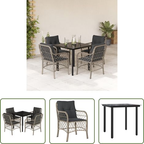 Gartenessgruppe - 5-tlg. Garten-Essgruppe mit Kissen Hellgrau Poly Rattan (1/5)