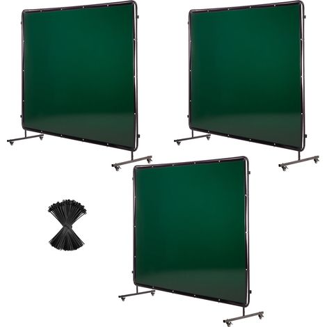 Écran de soudage sur roulettes, paravent 3 panneaux 1,74 x 2,34 m, rideau ignifuge en vinyle anti-UV 6 niveaux avec 12 roues, protection pour atelier industriel, vert foncé (1/5)