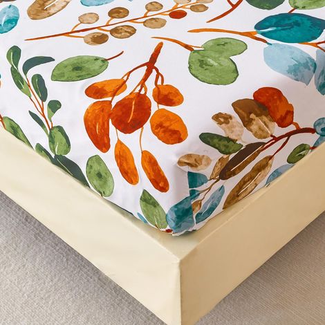Drap Housse 160x200 cm 2 Personnes avec Grand Bonnet de 30 cm - Drap-Housse Microfibre Doux à Motif Printemps Branches et Feuilles - Vert (1/5)