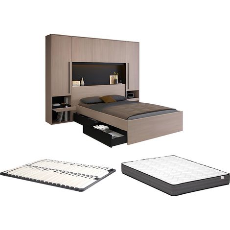 Letto con vani portaoggetti 160 x 200 cm Con LED Naturale e Nero + Rete + Materasso - VELONA