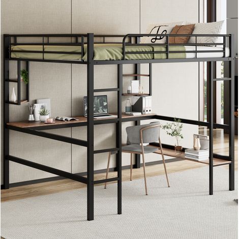 Cama alta 140x200 cm de metal negro con escritorio y estanterías, sin colchón (1/5)