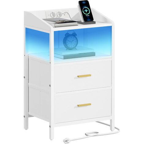 Table de chevet avec LED – 2 tiroirs en tissu – Ports USB et prises de courant – Dimensions 30x40x68cm – Blanc (1/5)