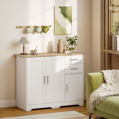 Buffet salon, meuble de rangement avec 2 tiroirs, 3 portes et étagère réglable, blanc et bois naturel, 100 x 40 x 78 centimètres