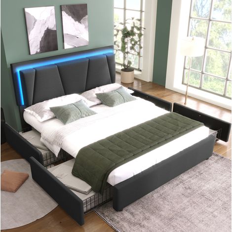 Lit capitonné gris 160x200 cm avec LED, tête de lit réglable et 4 tiroirs (1/5)
