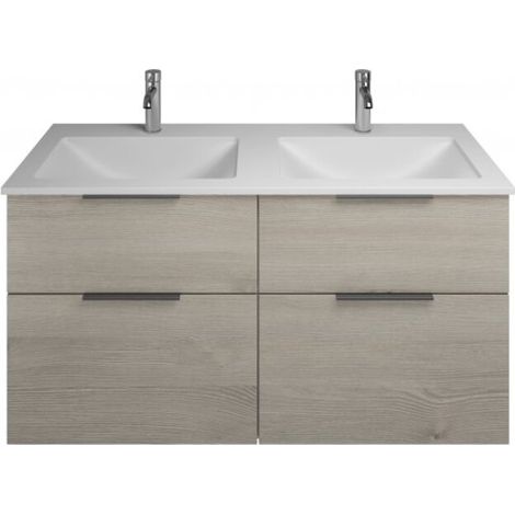 Burgbad Eqio Mineralguss-Doppelwaschtisch mit Unterschrank 122 cm, mit Mittelsteg und 4 Auszügen, mi Eiche Dekor Flanelle/Alpinweiss Schwarz matt (1/2)
