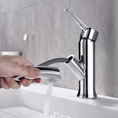 Robinet Salle de Bain avec Douchette Extractible, Mitigeur Monocommande de Lavabo, Robinetterie pour Vasque à Poser/Lave Mains, Chaude et Froide (1/5)
