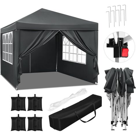 WOLTU Cenador Plegable de Jardín 3x3m Pabellón de Lona Impermeable, Juego de 4 Sacos de Arena, Antracita (1/5)