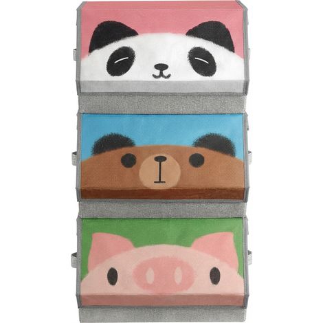 Boîtes de Rangement pour Enfant, Lot de 3, Empilables, Pliables, Poignées, Couvercle Magnétique, Chambre d'Enfant, Salle de jeux, Motif Panda Ours Cochon, Rose, Bleu, Vert et Gris (1/5)