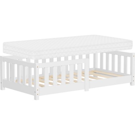 ML-Design Cama de Suelo Infantil con Colchón 70x140cm Blanco Madera Maciza de Pino con Somier de Láminas y Protección Anticaída Cuna Individual para Niños y Bebés Mobiliario para Habitación Juvenil (1/5)