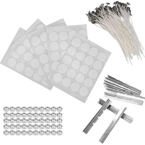 260 mèches cirées blanches 15cm avec embases + 100 adhésifs double face + 50 coques aluminium + 10 supports inox pour bougies, lot complet 14g (1/5)