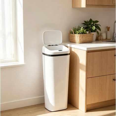 Papelera de cocina automática con sensor, 50 L, acero inoxidable y ABS, blanca DESVIAE (1/5)