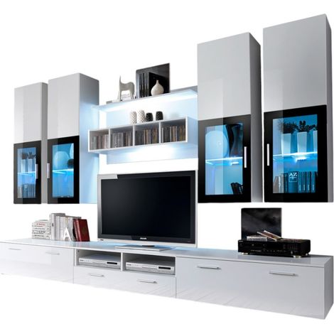 Composición de muebles de TV diseño colección LORA. Colores blanco mate y blanco brillante.