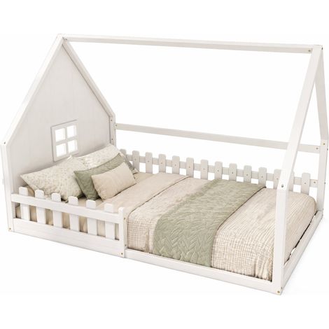 Hausbett 140×200 cm, Einzelbett mit Rausfallschutz, für Kinder, ohne Matratze, aus Kiefernholz und MDF, Weiß (1/5)
