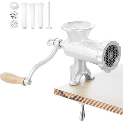 Hachoir à viande manuel, fonte robuste, fixé par serre-joint, avec lame et 2 grilles, 3 tubes à saucisses, pour bœuf, poivre, champignons. (1/5)
