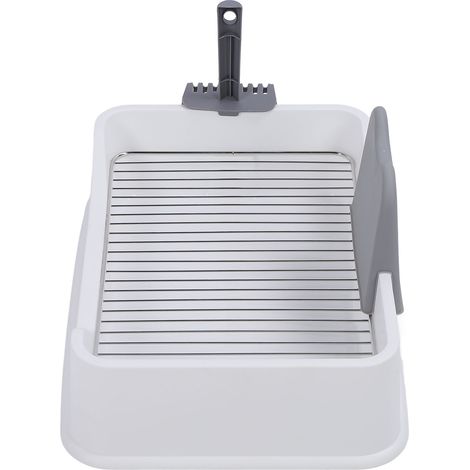 Bac à litière pour chat avec cloison anti-éclaboussures, grille en acier inoxydable, design élégant, pour chats de petite et moyenne taille, blanc (1/5)