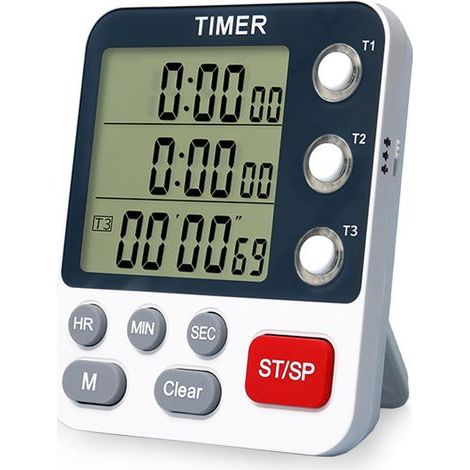 Minuteur de cuisine numérique triple 3 canaux avec horloge magnétique Fonction mémoire LCD Volume réglable Minuteur de cuisine numérique pour l'école, le bureau, le sport, les soins de la peau (1/5)