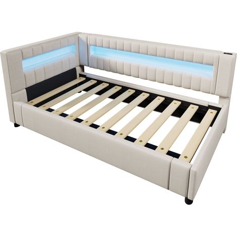 (=WX001039AAA) Lit de jour, lit de repos, canapé-lit, 90200cm, bande lumineuse LED au bout du lit, rangement hydraulique, sans matelas, USB + TYPE-C, lin, beige (1/5)