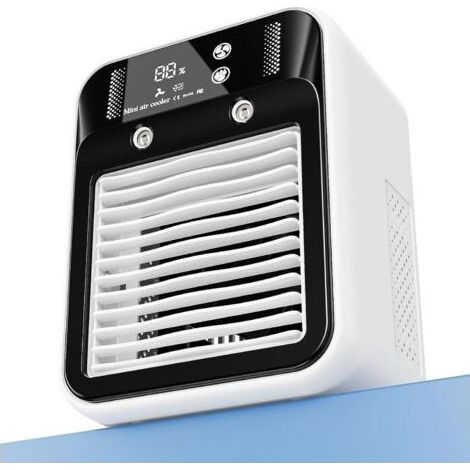 Mini ventilador recargable portátil con aire acondicionado evaporativo, 2 velocidades, doble chorro, pantalla digital, silencioso, USB-C, ideal para oficina, dormitorio y camping. (1/5)