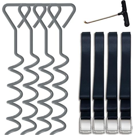 Set mit 4 robusten, spiralförmigen Trampolinstangen aus Stahl mit T-Haken für Trampoline - Bonus-Set mit 4 starken Sicherheitsgurten