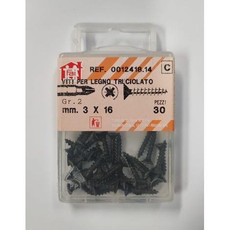 ORECA - 30 VITI PER LEGNO TRUCIOLATO TESTA PIANA SVASATA IMPRONTA A CROCE PZ 3X16mm IN ACCIAIO BRUNITO