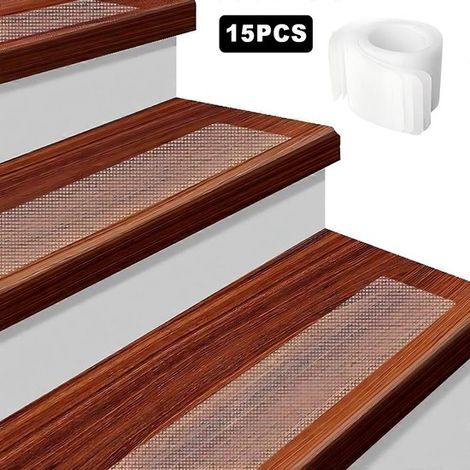 15 tiras peldaños escaleras, peldaños madera, tira antideslizante transparente Tiras adhesivas mayores, Peldaños transparentes madera, 10 x 61 cm (1/5)