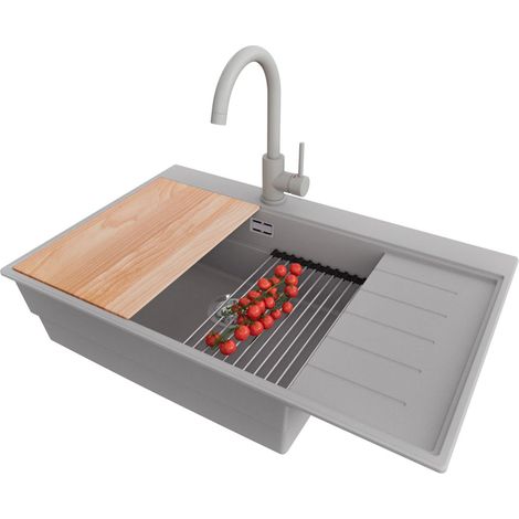 PRIMAGRAN Evier Cuisine en Granit 78x50cm,Lavabo 1 bac + Robinet 32x20cm + Kit de Vidage + Accessoires, Évier à Encastrer au meuble 60cm - Sydney, Gris