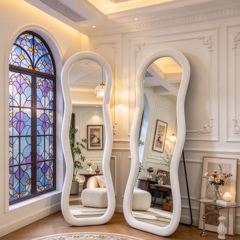 VASIEN – Miroir pleine longueur forme ondulée 160x50 cm blanc, Miroir sur pied Autoportant,Montage au sol ou mural,cadre rembourré velours,Verre trempé HD,miroir d’art déco pour chambre salon dressing (1/5)