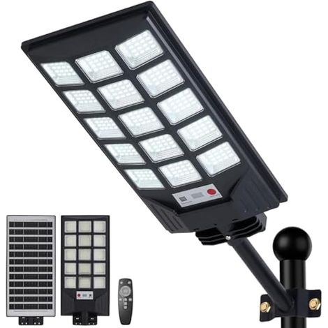 Farolas solares impermeables para exteriores, proyector LED solar de 8500K, sensor crepuscular y control remoto para patio, cerca, estacionamiento (1 unidad)